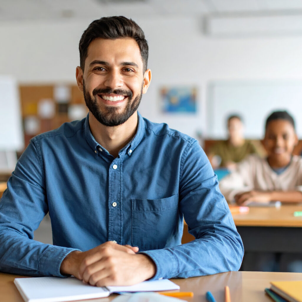 A warm and smiling teacher with twinkle in their eye sits at spacious desk in classroom filled with engaged students. atmosphere is positive and inviting, fostering love for learning